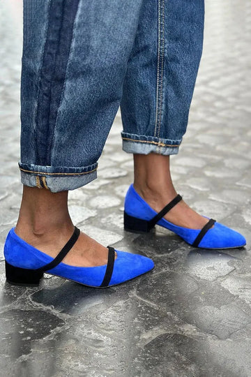 Colorblock Instep Strap Pointed Toe Blue Chunky Heels