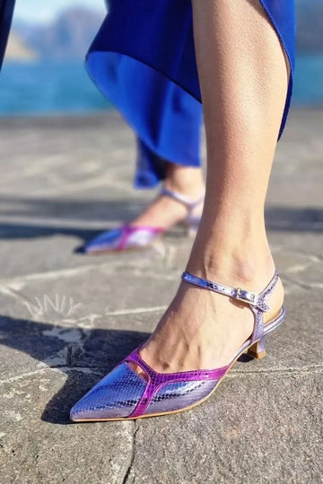 Metallic Purple Pointed Toe Ankle Strap Kitten Heels