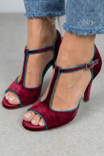 Elegant Burgundy Velvet Contrast T-Bar Open Toe Heels
