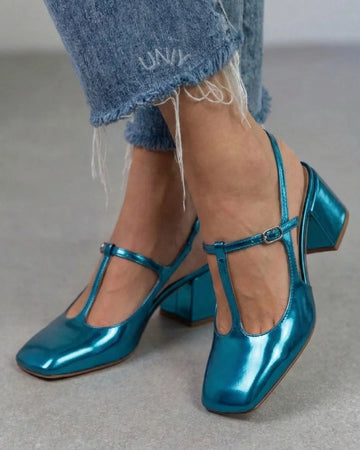 Metallic Blue Square Toe T-Strap Slingback Block Heels