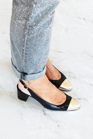 Colorblock Pointed Toe Slingback Black Chunky Heels