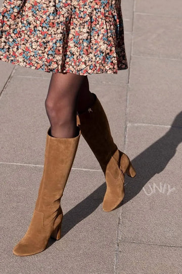 Block Heel Tan Suede Knee High Boots