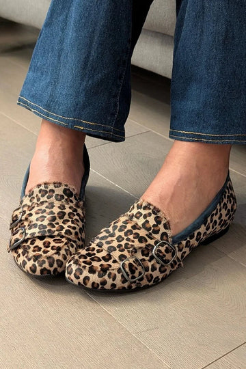 Leopard Print Strap Buckles Round Toe Khaki Flats