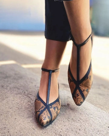 Snake Print Colorblock T-Strap Pointed Toe Low Heels