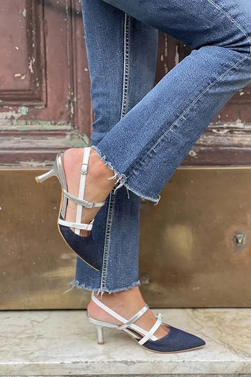 Colorblock Strap Buckle Pointed Toe Navy Kitten Heels
