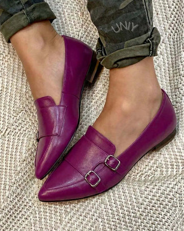 Elegant Magenta Pointed Toe Double Buckle Monk Strap Loafers