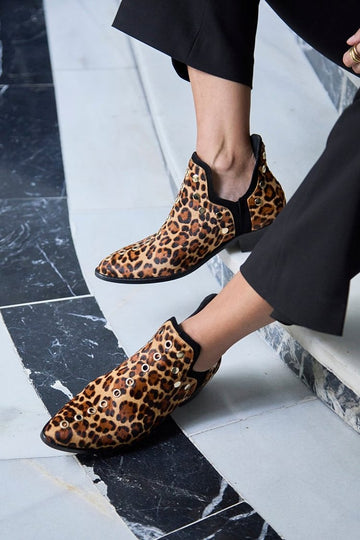 Metallic Eyelets Pointed Toe Leopard Print Khaki Ankle Boots
