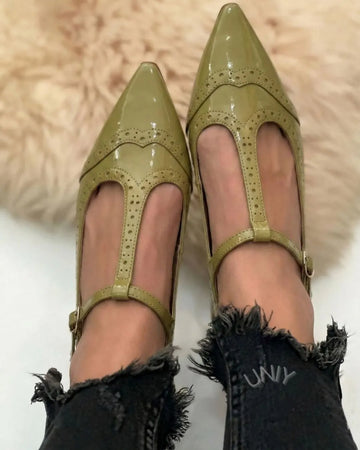 Green Patent Leather Brogue T-Strap Mary Jane Heels