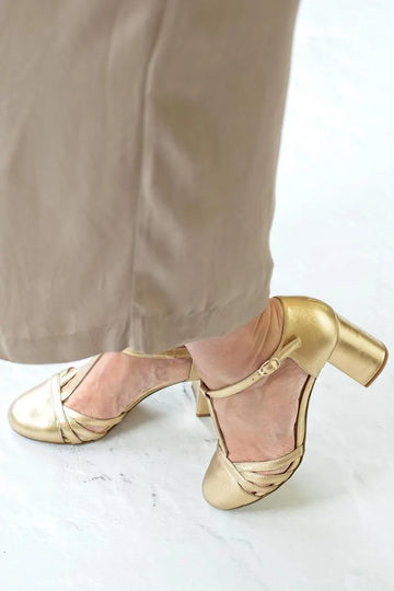 T-Strap Buckle Metallic Sheen Round Toe Gold Chunky Heels