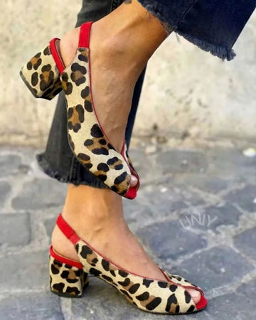 Chic Leopard Print V-Cut Open Toe Chunky Heels