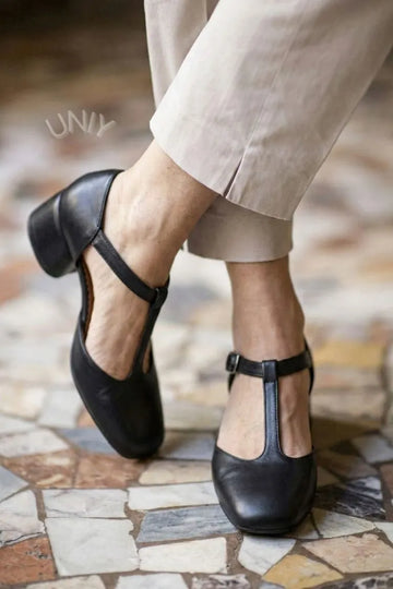 Chic Black Leather T-Bar Ankle Strap Block Heels