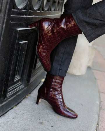 Burgundy Croc-Embossed Patent Leather Ankle Boots