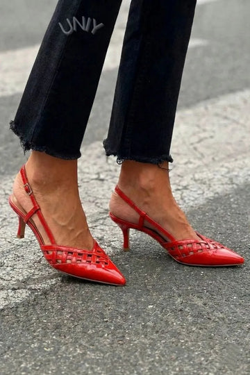 Chic Red Patent Woven Pointed Toe Slingback Mid Heels