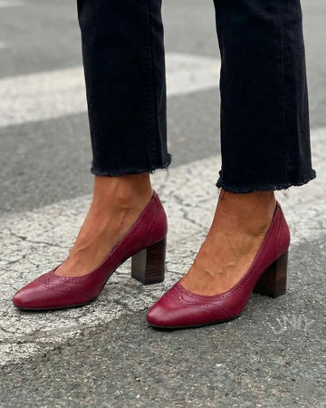 Elegant Burgundy Square Toe Leather Block Heel Pumps
