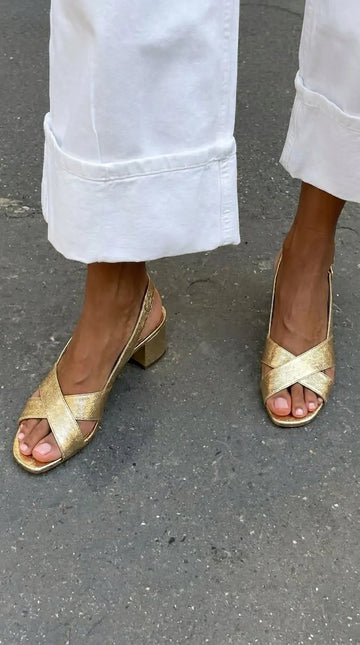 Criss Cross Open Toe Slingback Gold Block Heels