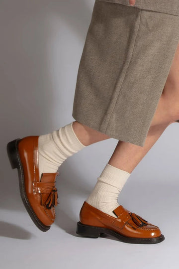 Tassels Trim Round Toe Slip On Low Heel Light Brown Loafers