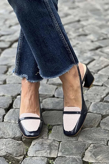Square Toe Patchwork Slingback Black Chunky Heels
