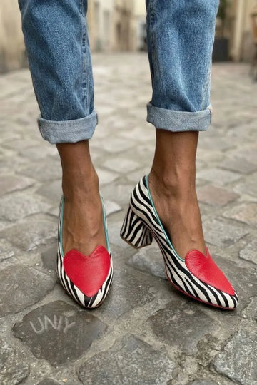 Chic Animal Pattern Pony Hair Pointed Toe Red Heart Heels