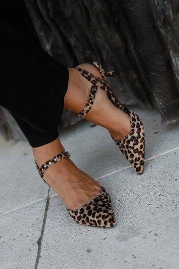 Leopard Print Metal Rivets Pointed Toe Slingback Kitten Heels