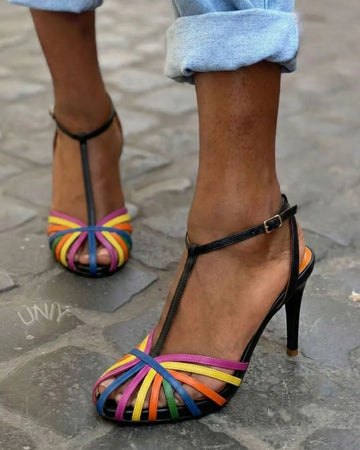 Colorful Rainbow Strappy Ankle Strap Block Heel Sandals