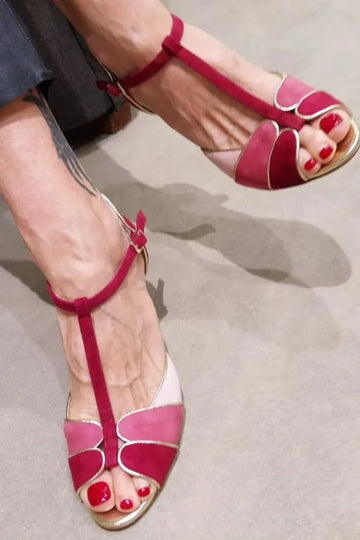 Colorblock Open Toe T-Strap Elegant Versatile Kitten Heels
