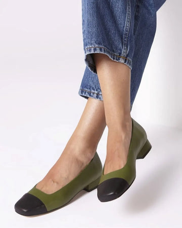 Elegant Green Color Block Low Block Heel Pumps