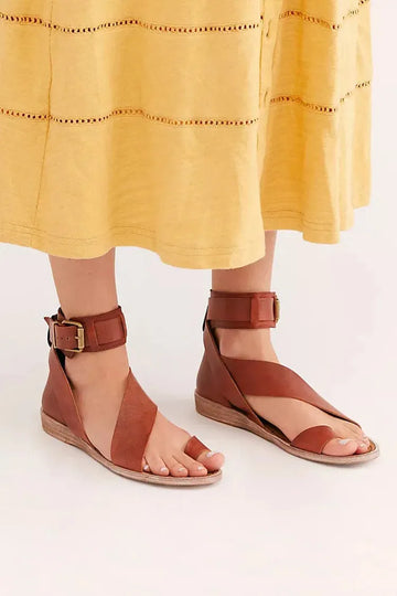 Solid Color Ankle Strap Buckle Toe Ring Brown Sandals