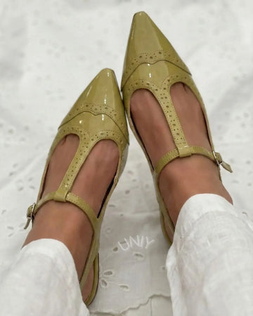 Green Patent Perforated T-Strap Pointed Toe Mary Jane Flats