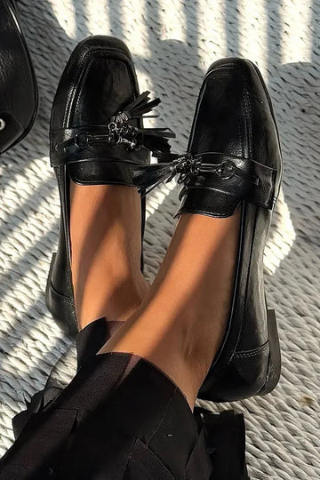 Tassels Buckle Decor Square Toe Low-Top Black Loafers