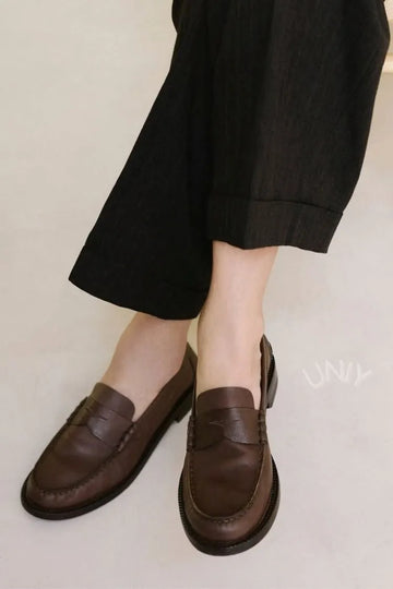 Vintage Dark Brown Leather Round Toe Flat Penny Loafers