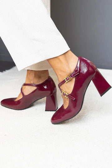 Cross Strap Buckle Square Toe Burgundy Chunky Heels
