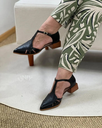 Black Cutout Pointed Toe T-Strap Versatile Low Block Heels