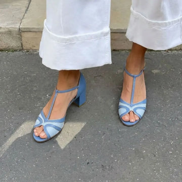 Two Tone Peep Toe T-Strap Blue Block Heels