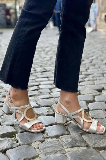 Metallic Sheen Colorblock Square Toe Silver Chunky Heels