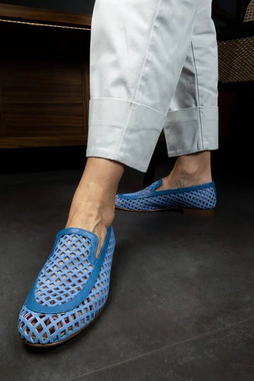 Hollow Out Patchwork Round Toe Blue Loafers