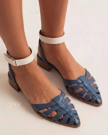 Blue Woven Pointed Toe Sandals White Ankle Strap Low Heels