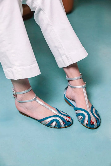 Art Deco Open Toe T-Strap Teal Silver Flat Sandals