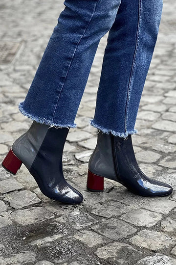 Zipper Colorblock Round Toe Navy Chunky Heels Boots