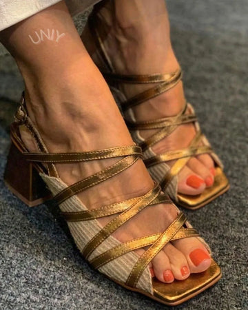 Chic Gold Crisscross Slingback Open Toe Block Heels