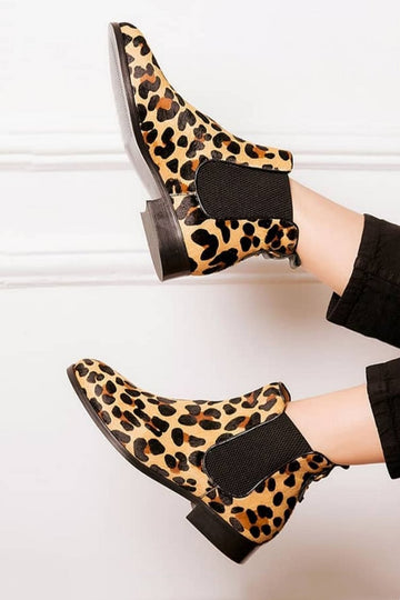Leopard Print Patchwork Round Toe Beige Ankle Boots