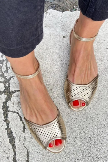 Solid Color Perforated Peep Toe Ankle Strap Flat Casual Sandals