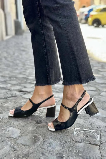 Instep Strap Buckle Open Toe Slingback Black Chunky Heels