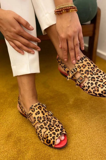 Leopard Print Double Buckle Open-Toe Flat Sandals