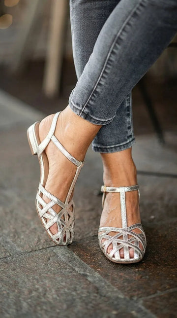 Silver Snakeskin Peep Toe T-Strap Slingback Block Heels