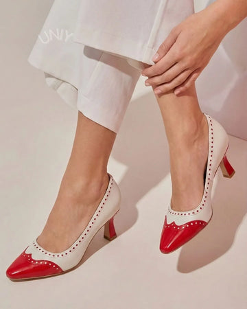Color Block Perforated Pointed Toe Elegant Kitten Heel Pumps