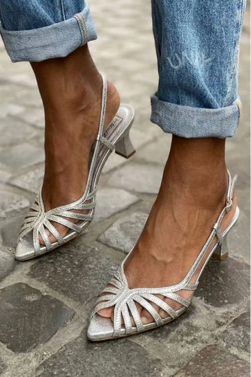 Silver Pointed Toe Multi Strap Slingback Kitten Heel Sandals