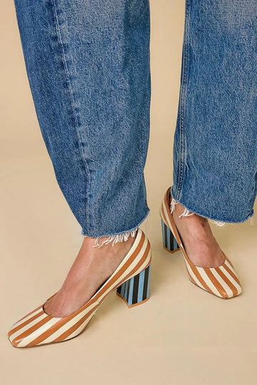 Colorblock Stripe Square Toe Casual Orange Chunky Heels