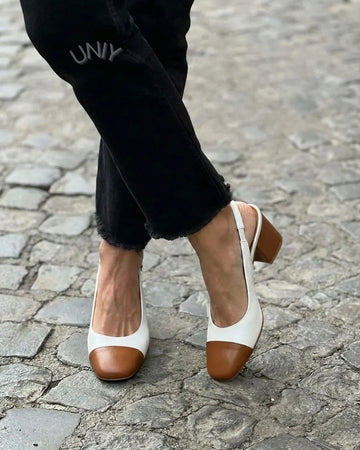 Retro Two Tone White Tan Cap Toe Slingback Block Heels