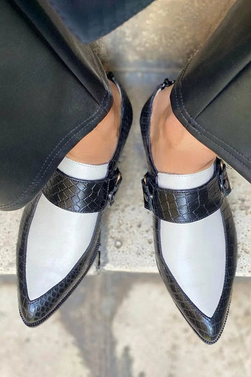 Colorblock Crocodile Print Pointed Toe White Loafers