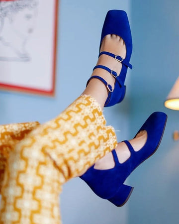 Blue Square Toe Triple Strap Block Heels